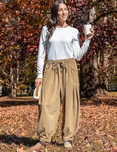 TARSE Womens Baggy Wide Leg Pants Corduroy Casual Drawstring Waist Palazzo Harem Pants with Pockets in Kuwait