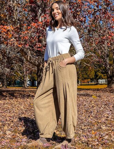 TARSE Womens Baggy Wide Leg Pants Corduroy Casual Drawstring Waist Palazzo Harem Pants with Pockets in Kuwait