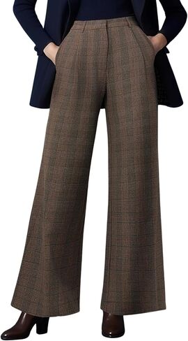 OctMoon Women's High Waisted Wide Leg Palazzo Pants – Long Striped Trousers for Tall Women – Flowy Extra Long Plaid Pants in Saudi Arabia