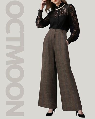 OctMoon Women's High Waisted Wide Leg Palazzo Pants – Long Striped Trousers for Tall Women – Flowy Extra Long Plaid Pants in Saudi Arabia
