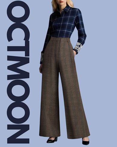 OctMoon Women's High Waisted Wide Leg Palazzo Pants – Long Striped Trousers for Tall Women – Flowy Extra Long Plaid Pants in Saudi Arabia