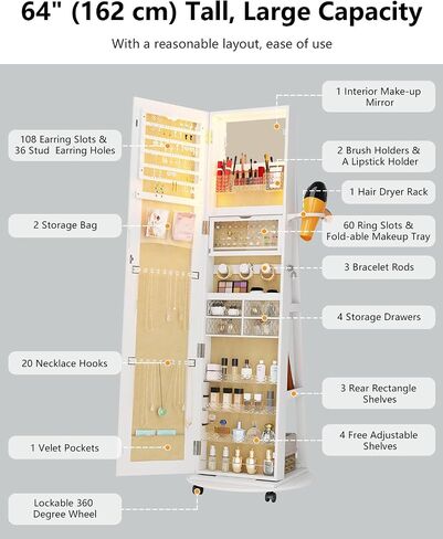 61" Full Length Mirror Jewelry Cabinet with Storage – Rotating, Lockable Jewelry Armoire with Velvet Lining, Standing Organizer for Women – Ideal Gift for Jewelry Storage & Display, Black in Saudi Arabia