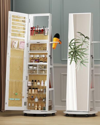 61" Full Length Mirror Jewelry Cabinet with Storage – Rotating, Lockable Jewelry Armoire with Velvet Lining, Standing Organizer for Women – Ideal Gift for Jewelry Storage & Display, Black in Saudi Arabia