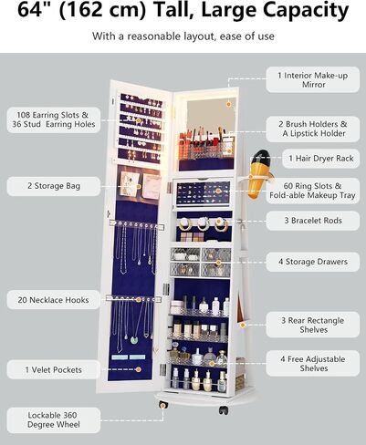 61" Full Length Mirror Jewelry Cabinet with Storage – Rotating, Lockable Jewelry Armoire with Velvet Lining, Standing Organizer for Women – Ideal Gift for Jewelry Storage & Display, Black in Saudi Arabia