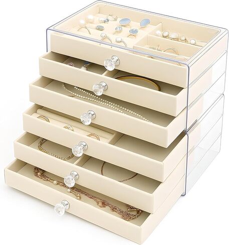 منظم حامل القرط، صندوق مجوهرات أكريليك مع 6 أدراج، صندوق تخزين القرط للأقراط والخواتم والقلائد والأساور ومنظم المجوهرات وتخزينها للنساء، صواني مخملية، هدية عيد الميلاد in Kuwait