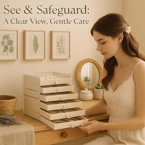 منظم حامل القرط، صندوق مجوهرات أكريليك مع 6 أدراج، صندوق تخزين القرط للأقراط والخواتم والقلائد والأساور ومنظم المجوهرات وتخزينها للنساء، صواني مخملية، هدية عيد الميلاد in Kuwait