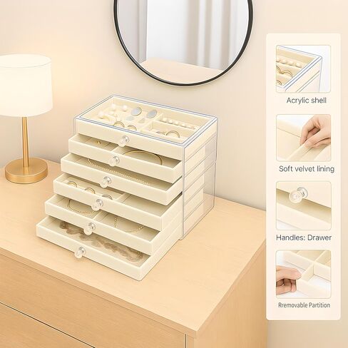 منظم حامل القرط، صندوق مجوهرات أكريليك مع 6 أدراج، صندوق تخزين القرط للأقراط والخواتم والقلائد والأساور ومنظم المجوهرات وتخزينها للنساء، صواني مخملية، هدية عيد الميلاد in Kuwait