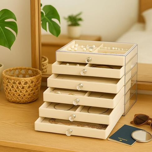 منظم حامل القرط، صندوق مجوهرات أكريليك مع 6 أدراج، صندوق تخزين القرط للأقراط والخواتم والقلائد والأساور ومنظم المجوهرات وتخزينها للنساء، صواني مخملية، هدية عيد الميلاد in Kuwait