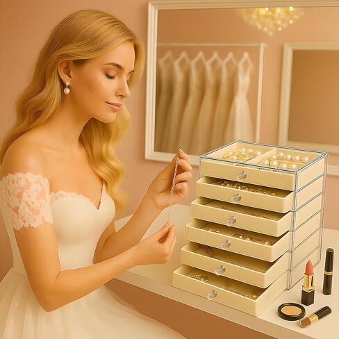 منظم حامل القرط، صندوق مجوهرات أكريليك مع 6 أدراج، صندوق تخزين القرط للأقراط والخواتم والقلائد والأساور ومنظم المجوهرات وتخزينها للنساء، صواني مخملية، هدية عيد الميلاد in Kuwait