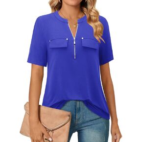 Bulotus Women's Zip Front V-Neck Short Sleeve Work Casual Top Blouse Shirt (Solid and Plaid) in Kuwait
