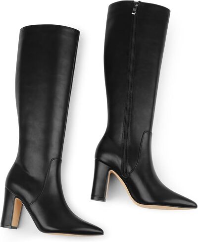 Women's High Block Heel Wrinkled Slouchy Zipper Knee High Boots in Kuwait