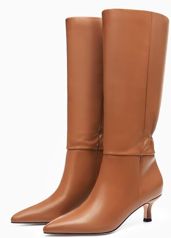 Coutgo Womens Kitten Heel Knee High Boots Pointed Toe Tall Boots Pull On Winter Dress Long Boot Shoes in Kuwait