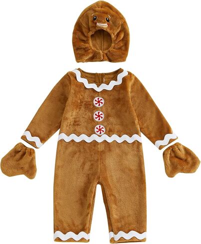 Baby Gingerbread Costume Infant Toddler Christmas Outfit Fleece Romper Ginger Bread Man Jumpsuit With Hat Gloves in Saudi Arabia