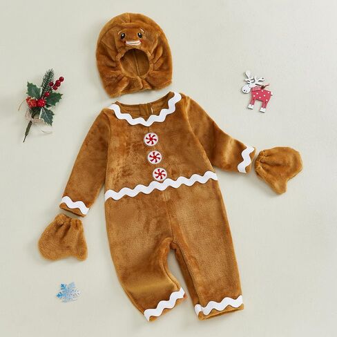Baby Gingerbread Costume Infant Toddler Christmas Outfit Fleece Romper Ginger Bread Man Jumpsuit With Hat Gloves in Saudi Arabia