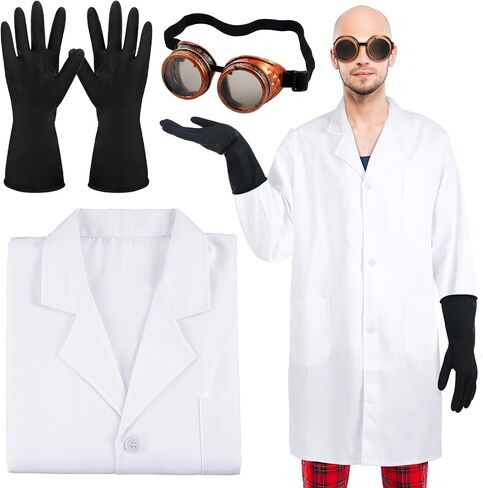 Mepase 3 Pcs Men's Mad Scientist Costume Accessories Doctor Outfit with Lab Coat Steampunk Goggles Black Gloves Fun Costume Cosplay for Halloween Cosplay Dress up Party in Saudi Arabia