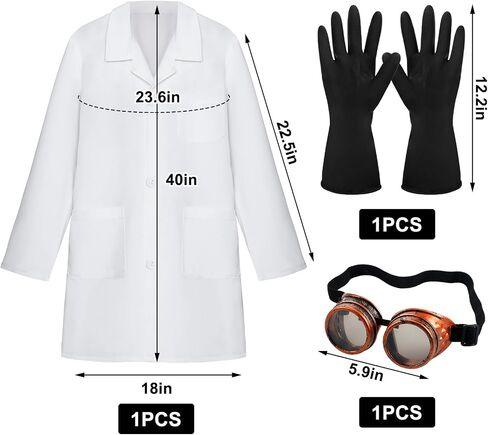 Mepase 3 Pcs Men's Mad Scientist Costume Accessories Doctor Outfit with Lab Coat Steampunk Goggles Black Gloves Fun Costume Cosplay for Halloween Cosplay Dress up Party in Saudi Arabia