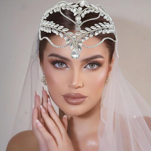 غطاء رأس الزفاف للعروس، إكسسوارات شعر الزفاف من حجر الراين وتيجان مصنوع يدويًا للنساء (فضي) in Kuwait