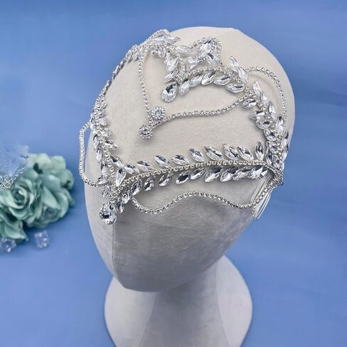 غطاء رأس الزفاف للعروس، إكسسوارات شعر الزفاف من حجر الراين وتيجان مصنوع يدويًا للنساء (فضي) in Kuwait