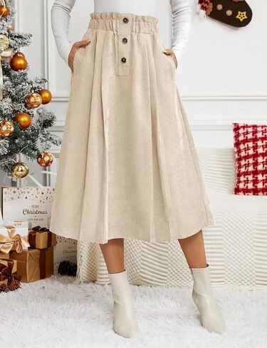 IDEALSANXUN Womens Corduroy Skirts Fall Winter High Waisted A Line Pleated Midi Skirt in Saudi Arabia
