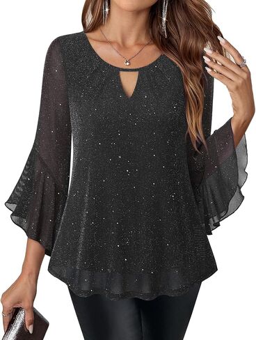 VALOLIA Womens Sparkly Tops Dressy Ruffle 3/4 Sleeve Blouses Glitter Cocktail Party Evening Shirts in Kuwait