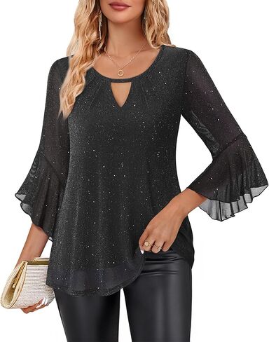 VALOLIA Womens Sparkly Tops Dressy Ruffle 3/4 Sleeve Blouses Glitter Cocktail Party Evening Shirts in Kuwait