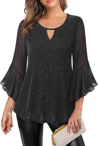 VALOLIA Womens Sparkly Tops Dressy Ruffle 3/4 Sleeve Blouses Glitter Cocktail Party Evening Shirts in Kuwait
