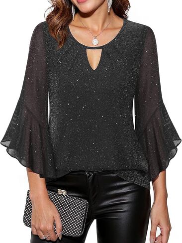 VALOLIA Womens Sparkly Tops Dressy Ruffle 3/4 Sleeve Blouses Glitter Cocktail Party Evening Shirts in Kuwait