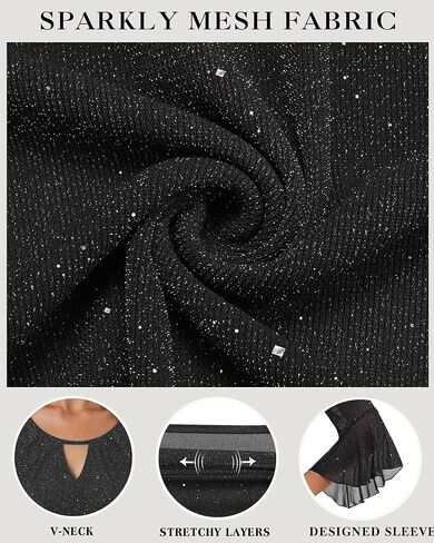 VALOLIA Womens Sparkly Tops Dressy Ruffle 3/4 Sleeve Blouses Glitter Cocktail Party Evening Shirts in Kuwait
