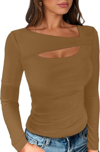 ANRABESS Womens Cutout Tops Trendy Sexy Long Sleeve Shirts Ribbed Slim Fit Tee 2024 Fall Fashion Going Out Tshirts Clothes in Saudi Arabia