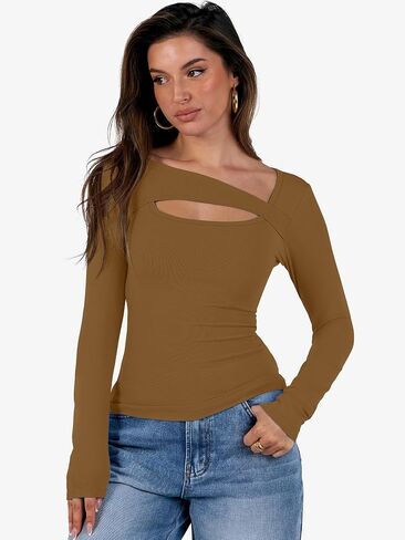 ANRABESS Womens Cutout Tops Trendy Sexy Long Sleeve Shirts Ribbed Slim Fit Tee 2024 Fall Fashion Going Out Tshirts Clothes in Saudi Arabia