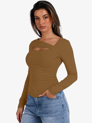 ANRABESS Womens Cutout Tops Trendy Sexy Long Sleeve Shirts Ribbed Slim Fit Tee 2024 Fall Fashion Going Out Tshirts Clothes in Saudi Arabia