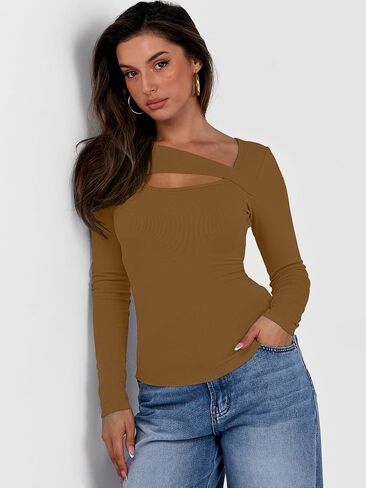 ANRABESS Womens Cutout Tops Trendy Sexy Long Sleeve Shirts Ribbed Slim Fit Tee 2024 Fall Fashion Going Out Tshirts Clothes in Saudi Arabia