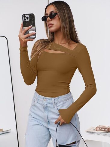 ANRABESS Womens Cutout Tops Trendy Sexy Long Sleeve Shirts Ribbed Slim Fit Tee 2024 Fall Fashion Going Out Tshirts Clothes in Saudi Arabia