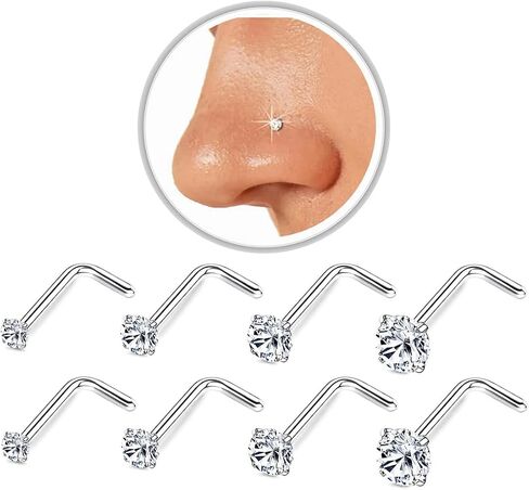 20G Stainless Steel Nose Rings, L Shaped Nose Studs and Nose Rings Hoops, Cute Heart Square CZ Nose Screw Piercing Jewelry 24Pcs Silver For Women in Saudi Arabia