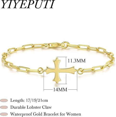 14K Gold Bracelets for Women Gold Chain Bracelets for Women Paperclip Bracelet for Womens Sleek Lines with Cross Element Womens Cross Bracelet 6.7/7.5/8.3 inches in Saudi Arabia