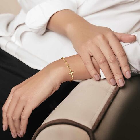 14K Gold Bracelets for Women Gold Chain Bracelets for Women Paperclip Bracelet for Womens Sleek Lines with Cross Element Womens Cross Bracelet 6.7/7.5/8.3 inches in Saudi Arabia