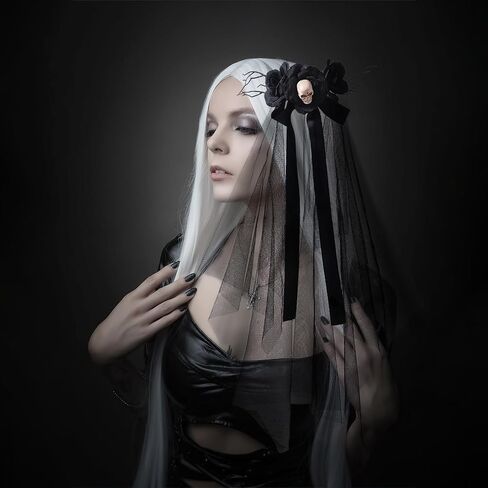 Halloween Gothic Black Rose Bow Skull Lace Veil with Comb Wedding Bridal Veil Cosplay Hair Accessory for Halloween Party in Saudi Arabia