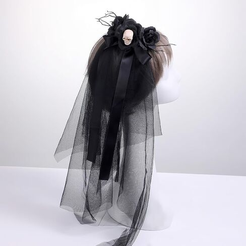 Halloween Gothic Black Rose Bow Skull Lace Veil with Comb Wedding Bridal Veil Cosplay Hair Accessory for Halloween Party in Saudi Arabia