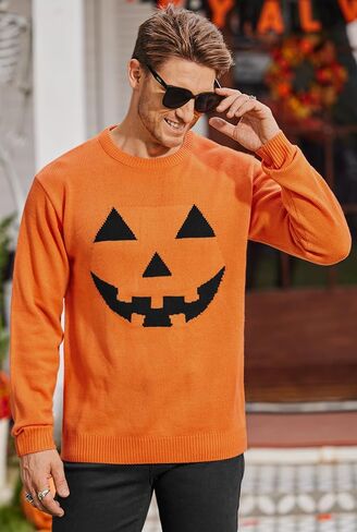 Arvilhill Men’s Halloween Sweater Scary Pumpkin Retro Skeleton Crewneck Knit Pullover Knitwear (S-2XL) in Saudi Arabia