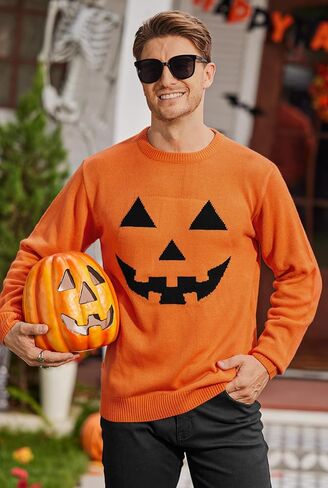 Arvilhill Men’s Halloween Sweater Scary Pumpkin Retro Skeleton Crewneck Knit Pullover Knitwear (S-2XL) in Saudi Arabia