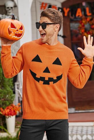 Arvilhill Men’s Halloween Sweater Scary Pumpkin Retro Skeleton Crewneck Knit Pullover Knitwear (S-2XL) in Saudi Arabia