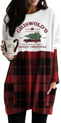 Womens Christmas Dress Long Sleeve Oversized Casual Plaid Sweatshirt Dress with Pockets in Kuwait