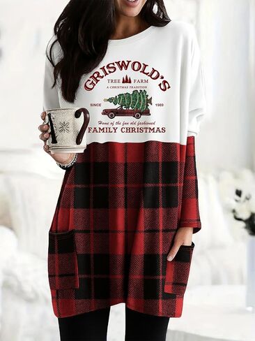 Womens Christmas Dress Long Sleeve Oversized Casual Plaid Sweatshirt Dress with Pockets in Kuwait