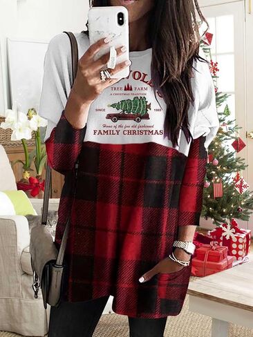 Womens Christmas Dress Long Sleeve Oversized Casual Plaid Sweatshirt Dress with Pockets in Kuwait