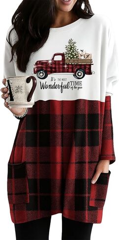 Womens Christmas Dress Long Sleeve Oversized Casual Plaid Sweatshirt Dress with Pockets in Kuwait