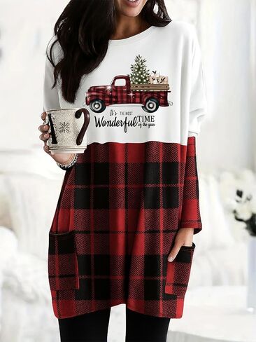 Womens Christmas Dress Long Sleeve Oversized Casual Plaid Sweatshirt Dress with Pockets in Kuwait