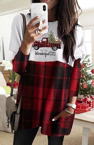 Womens Christmas Dress Long Sleeve Oversized Casual Plaid Sweatshirt Dress with Pockets in Kuwait