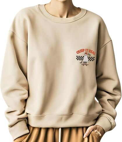 Unisex Halloween Sweatshirt | Creep it Skateboard Pullover | Ghost Fall Embroidered Long Sleeve Top in Saudi Arabia
