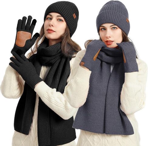 3PCS Winter Beanie Hat Scarf Touchscreen Gloves Set for Men & Women, Knitted Fleece Lined Hats Gloves Long Scarf in Saudi Arabia