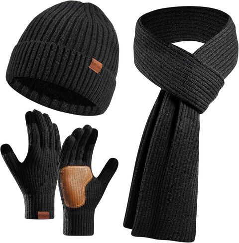 3PCS Winter Beanie Hat Scarf Touchscreen Gloves Set for Men & Women, Knitted Fleece Lined Hats Gloves Long Scarf in Saudi Arabia